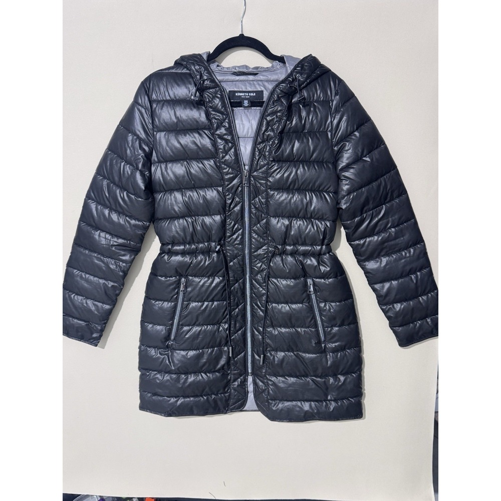 Kenneth Cole Women's Quilted Black Hooded Long Puffer Jacket